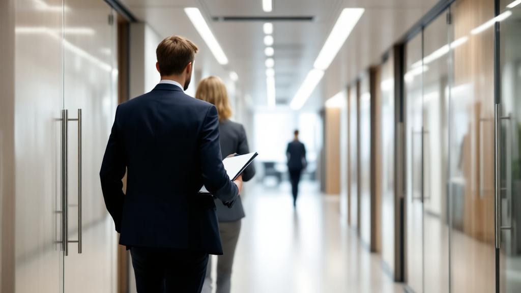 An editorial photograph of a German federal government building corridor, specifically a modern interior with glass partitions and functional furniture, suggesting a procurement or regulatory meeting 