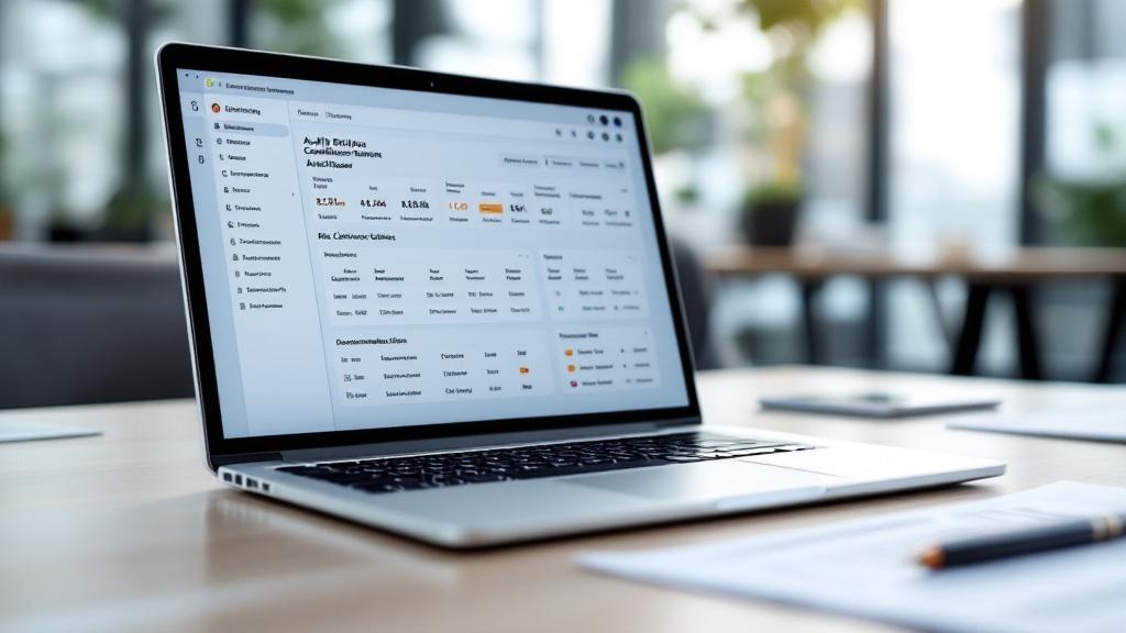 A close-up editorial photograph of a laptop screen displaying a compliance dashboard interface, with structured fields showing audit trail entries, risk classification labels, and documentation status