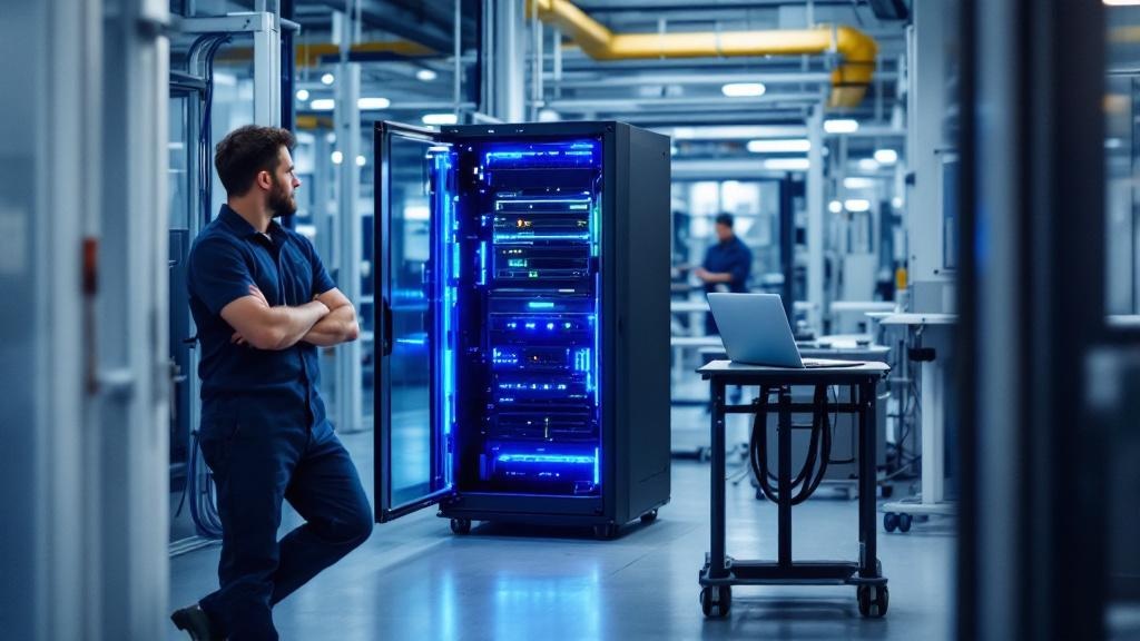 An editorial photograph of a compact server rack installation inside a medium-sized German manufacturing facility. The rack sits in a clean, well-lit corner of an otherwise industrial space, with cabl