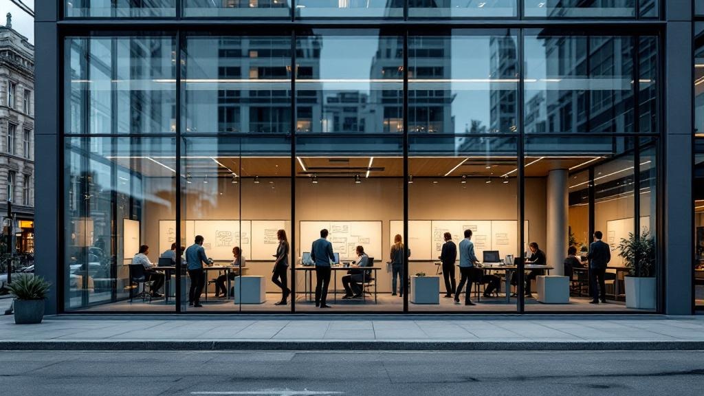 A documentary-style editorial photograph of a glass-fronted modern office building in a German city business district, neither Berlin nor Munich landmark architecture. Through the windows, small teams