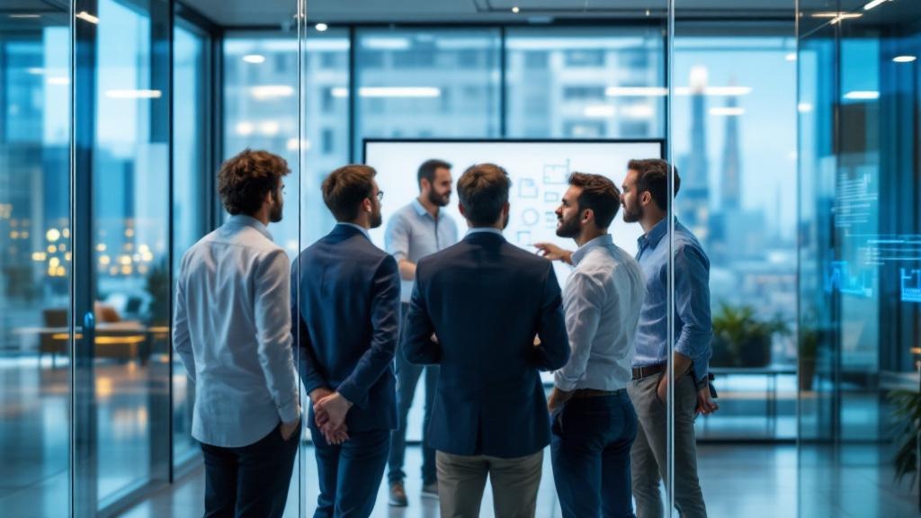 An editorial photograph showing a mixed group of five people in a glass-walled meeting room in a large European corporate headquarters, some in corporate attire and some in startup-casual clothing, en