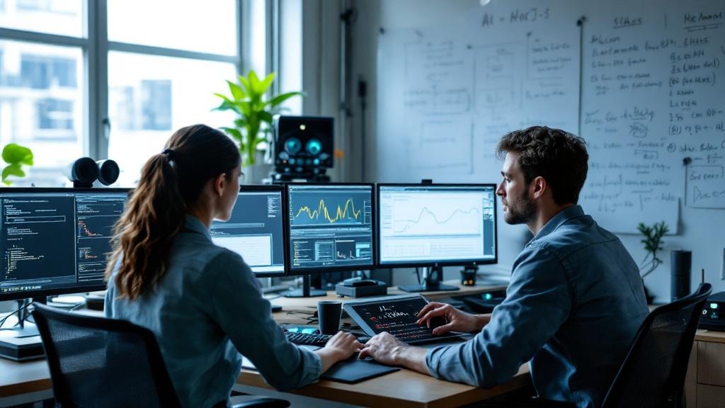 Editorial photograph taken inside a French university AI research lab, showing a cluster of workstations with multiple monitors displaying model training dashboards and loss curves. Two researchers, o