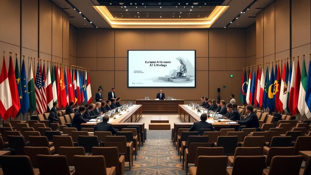 Editorial photograph of a large formal conference room set for a high-level investment summit, showing rows of national flags, empty chairs with delegate nameplates, and a presentation screen at the f