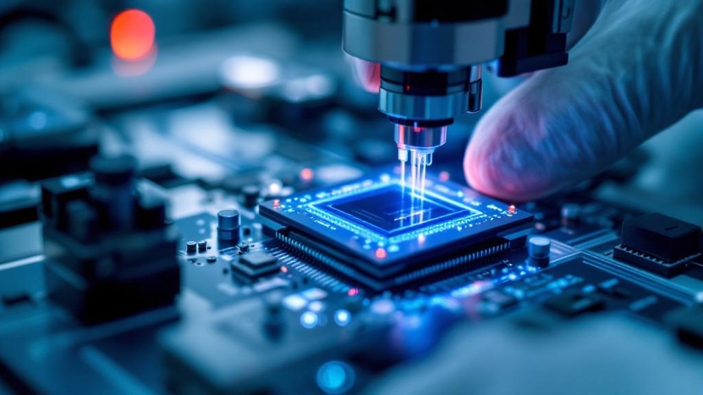 An editorial close-up photograph of a photonic chip mounted on a precision optical bench, with fibre-optic cables and micro-optical components visible in shallow focus. A researcher's gloved hands are