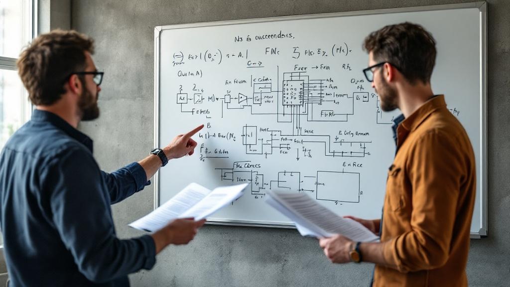 An editorial photograph showing two engineers at a whiteboard covered in circuit diagrams and quantum error correction notation, taken in a modern French startup office with exposed concrete and natur