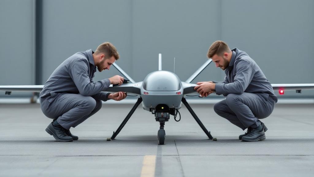 Documentary-style photograph of a small unmanned aerial vehicle being prepared for a ground test on a concrete apron at a German airfield. Two technicians in plain grey overalls, no military insignia,