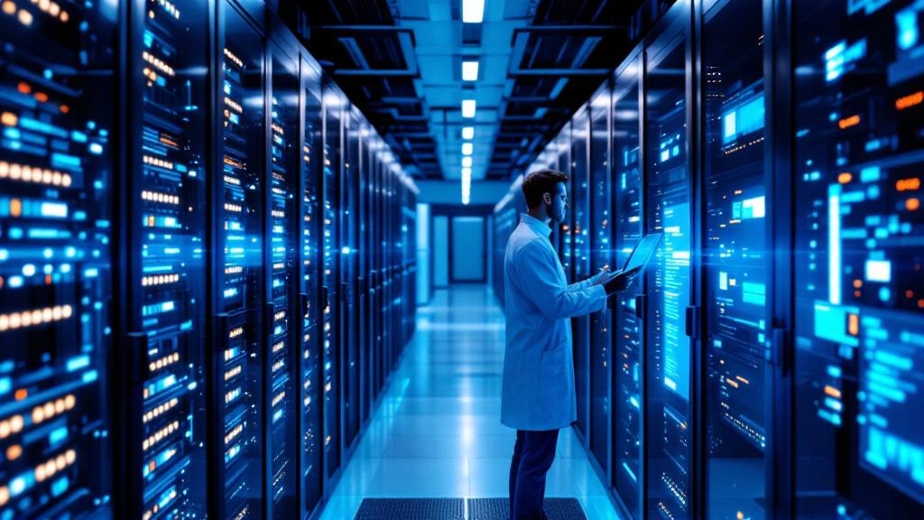 Editorial photograph taken inside a modern European high-performance computing facility, rows of illuminated GPU server racks receding into the background, a researcher in a white lab coat reviewing o