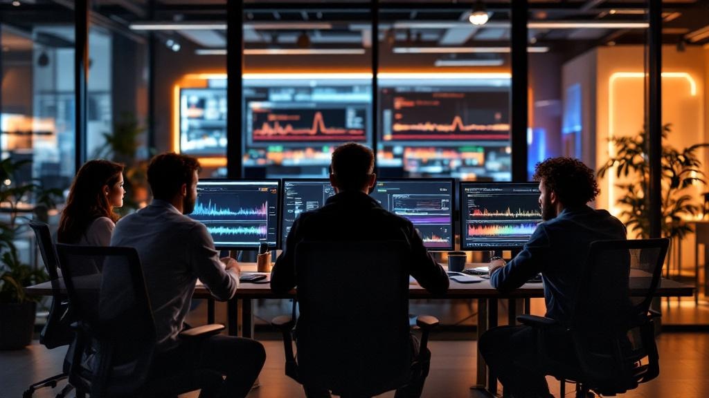 A wide-angle editorial photograph taken inside a modern European AI company office, likely in London's Canary Wharf or a Berlin tech campus, showing a diverse team of engineers reviewing speech wavefo