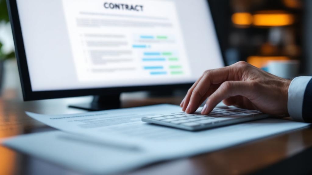 A close editorial photograph of a solicitor's hands on a keyboard, a large monitor in soft focus behind showing a contract with AI-generated annotation highlights in blue and green. The desk should su