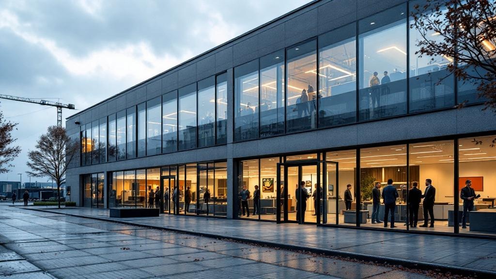 An editorial photograph taken in the Noord Brabant or Amsterdam metropolitan area, showing the exterior of a mid-sized deep-tech or AI company office building, functional and modern without being icon