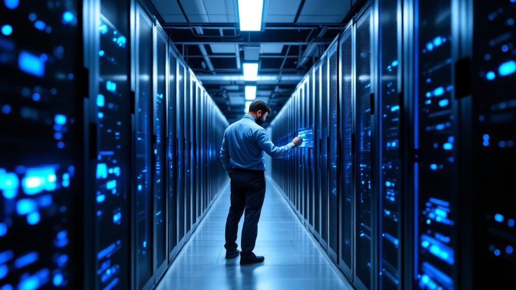 An editorial photograph of a data centre corridor in a European facility, showing rows of server racks with blue indicator lights. A single technician in business casual clothing, back to camera, exam