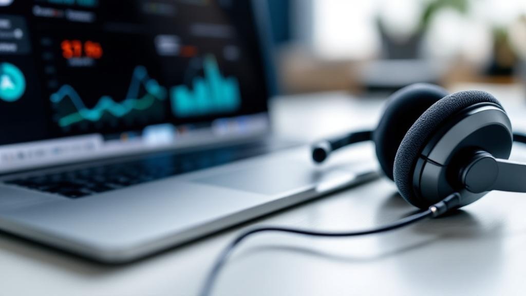 A close-up editorial photograph of a headset resting on a desk beside a laptop showing a real-time call analytics dashboard with live call volume graphs and sentiment indicators. The desk surface is p