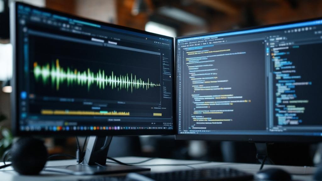 A close-up editorial photograph of a developer's dual-monitor workstation showing an audio waveform visualisation on one screen and a code editor with syntax highlighting on the other, representing th