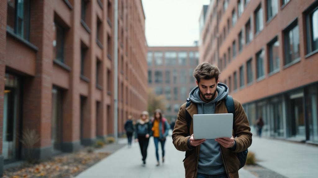 Editorial photograph of the KTH Royal Institute of Technology campus in Stockholm: a mid-shot of students walking between modernist brick faculty buildings on a overcast afternoon, backpacks on, one p