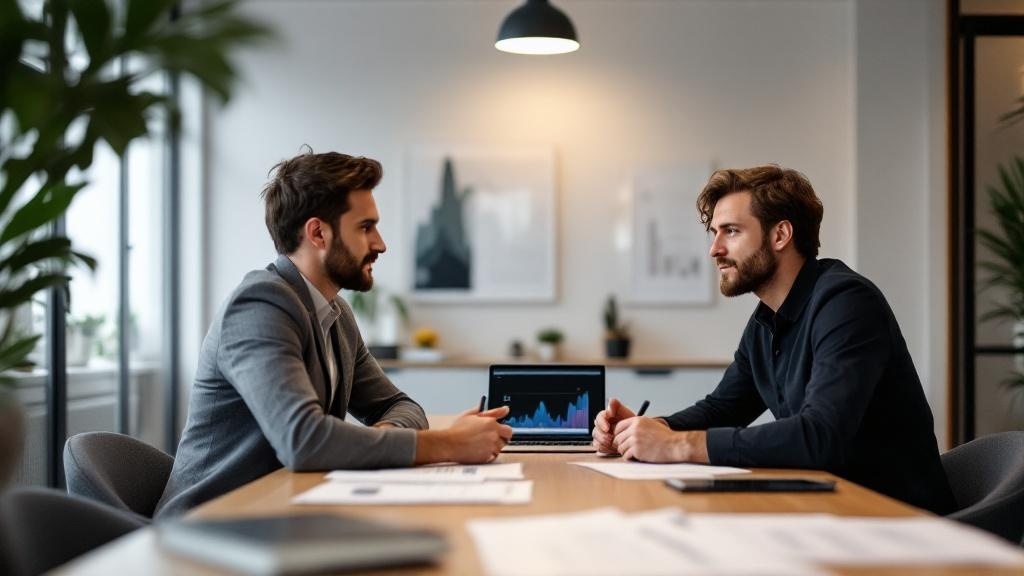 Editorial photograph inside a Stockholm venture capital office: a due diligence meeting in progress, with two investors in their thirties sitting across a table from two founders. Documents and a lapt