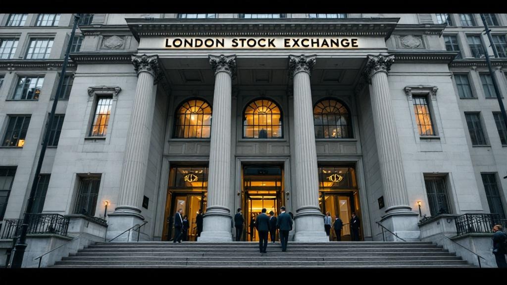 A medium shot of the exterior of the London Stock Exchange building on Paternoster Square, shot on an overcast afternoon from street level, focusing on the institutional stonework and the entry steps.