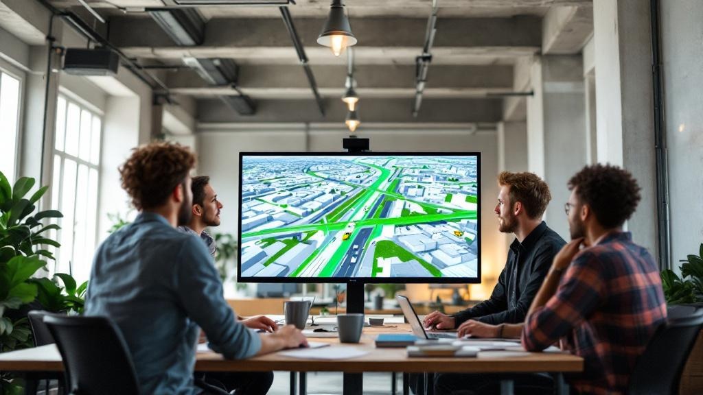 An editorial photograph inside a modern open-plan engineering office, showing a diverse team of engineers in their thirties gathered around a large monitor displaying a bird's-eye simulation of vehicl