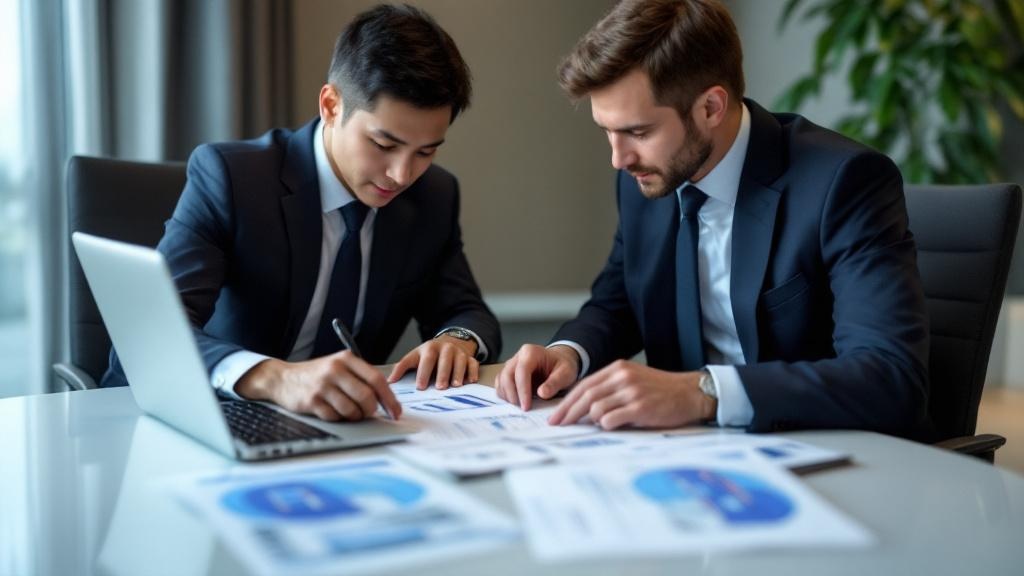 An editorial photograph taken at a formal business meeting table, showing two people in business attire reviewing printed documents and a laptop displaying vehicle trajectory data. One person appears 