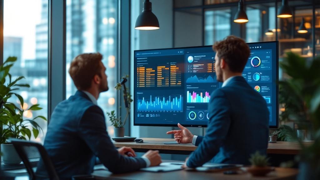 Editorial photograph taken inside a modern European enterprise technology office, likely in London's Canary Wharf or a Berlin business district. A small team of software engineers and a suited enterpr
